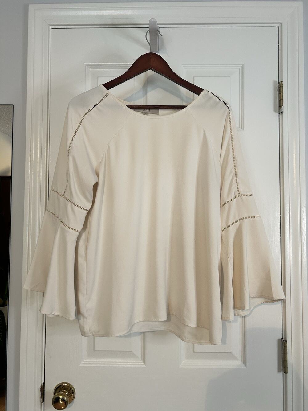 LOFT Womens Small Cream Ivory Bell Sleeve Ladder Trim Blouse Boho Work Top